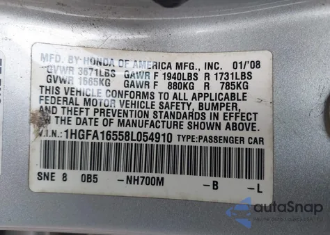 2008 Honda Civic Lx z USA, uszkodzony, nr VIN 1HGFA16558L054910